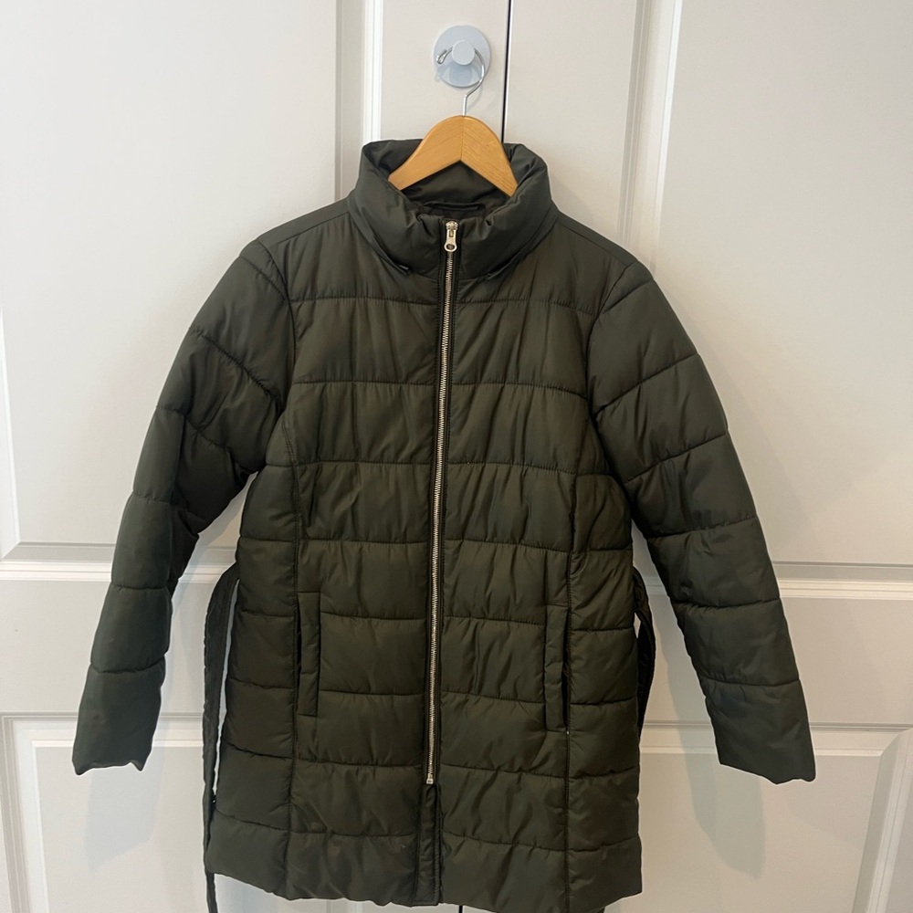 LOFT women’s XSP green with gold zip belted puffer winter coat pockets no hood